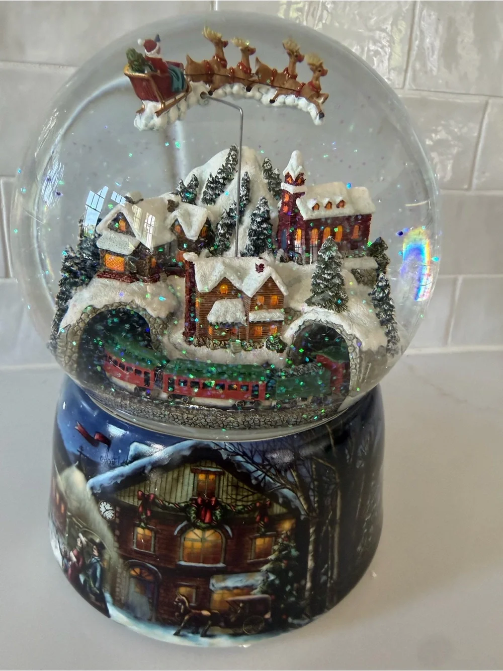 Festive Snow Globe Holiday Village with Train - White & Red